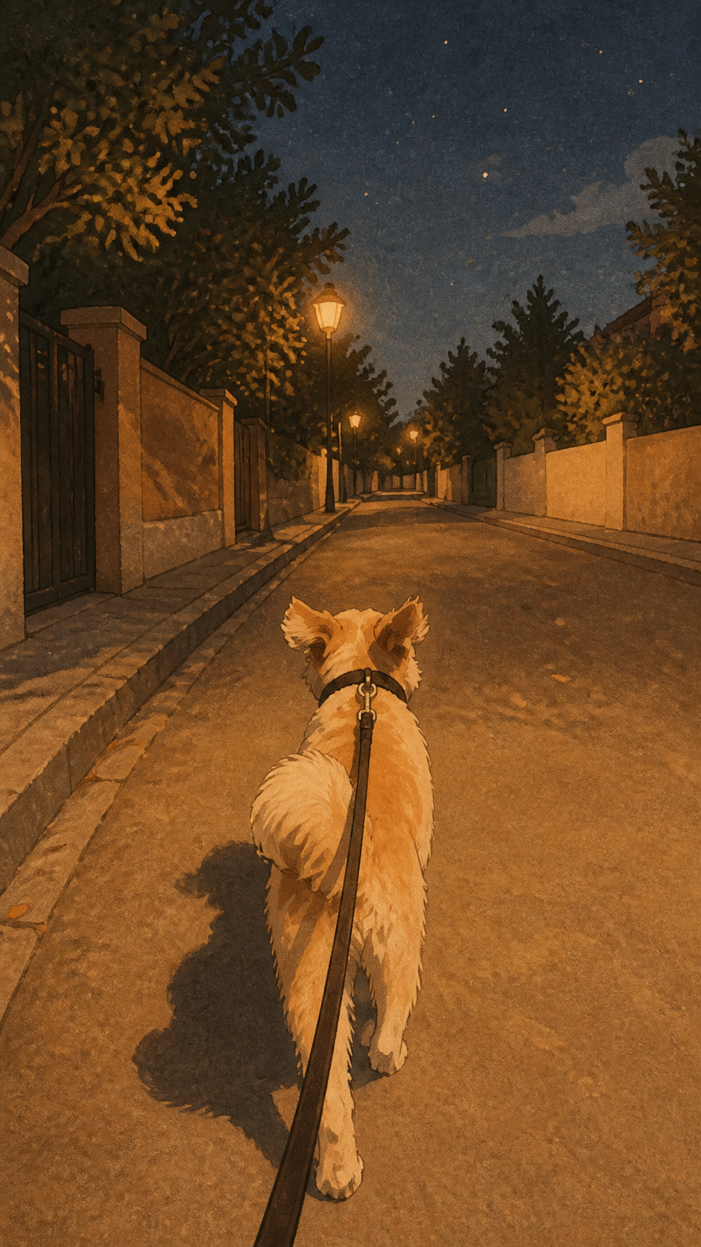 A peaceful night walk in the city with a dog, highlighting the quiet moments of connection