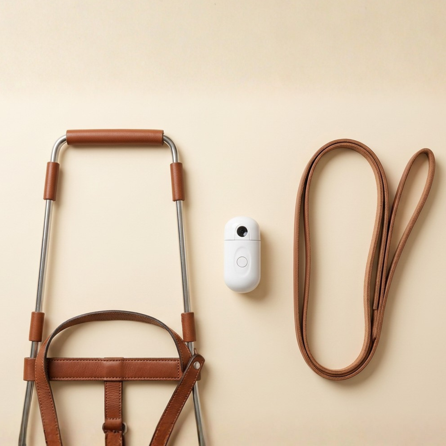 A brown leather and metal push cart with a matching adjustable shoulder strap, shown alongside a small white Spotlight collar projector on a warm beige background.