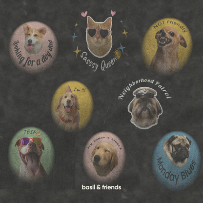 Seven different examples of personalized pet portraits projected in the dark using the custom collar projector lenses.