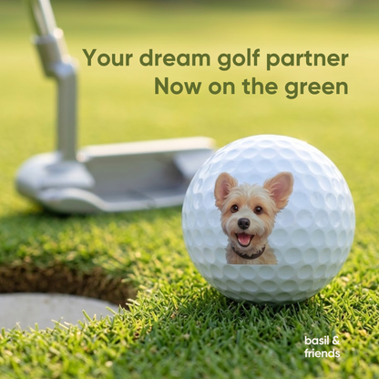 Personalized dog golf ball resting on the putting green next to a golf club, your dream golf partner.