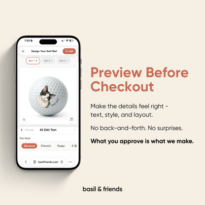 Mobile phone screen showing the easy online customizer to preview your personalized pet golf ball design before checkout.