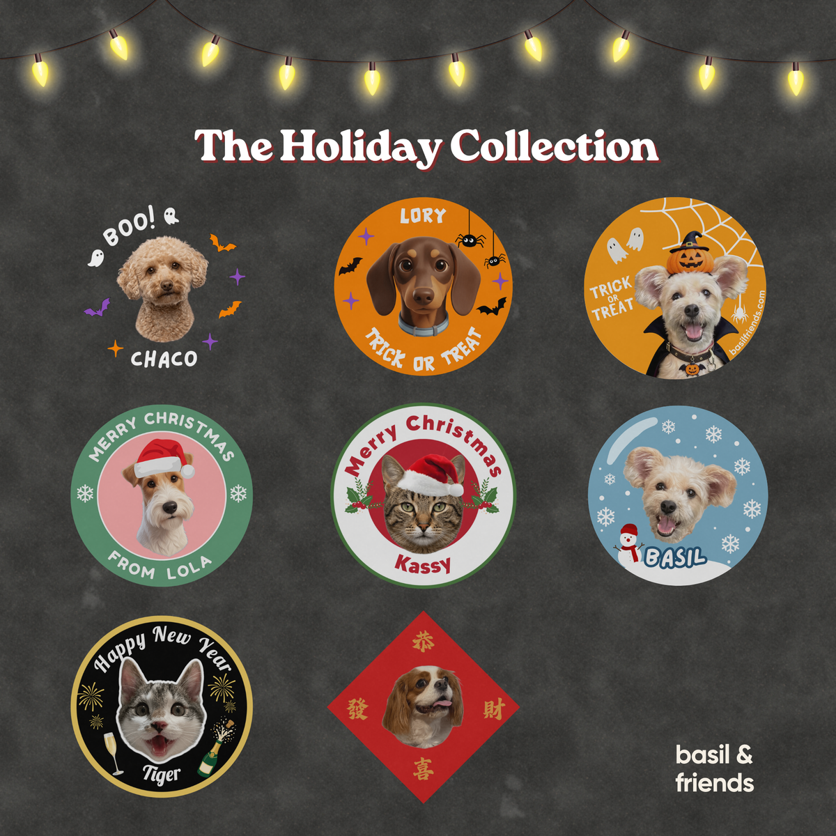 The Holiday Collection of custom projector lenses for pets, displaying various festive designs for dogs and cats including Christmas, Halloween, and Lunar New Year.
