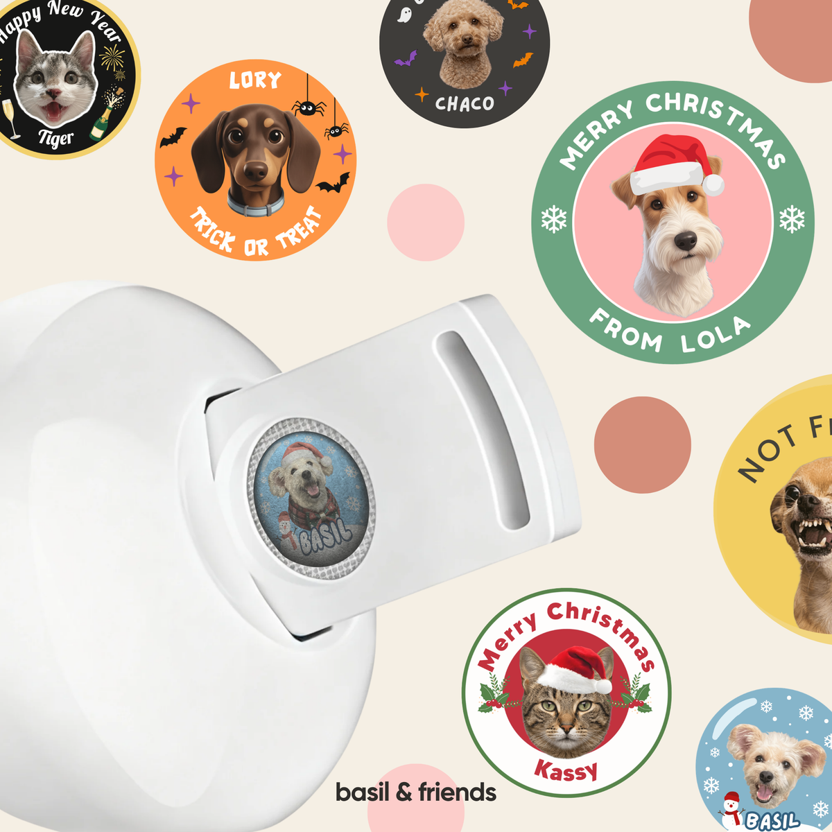 A collection of custom holiday-themed projector lenses for pets, featuring dogs and cats in Halloween, Christmas, and New Year designs by basil & friends.