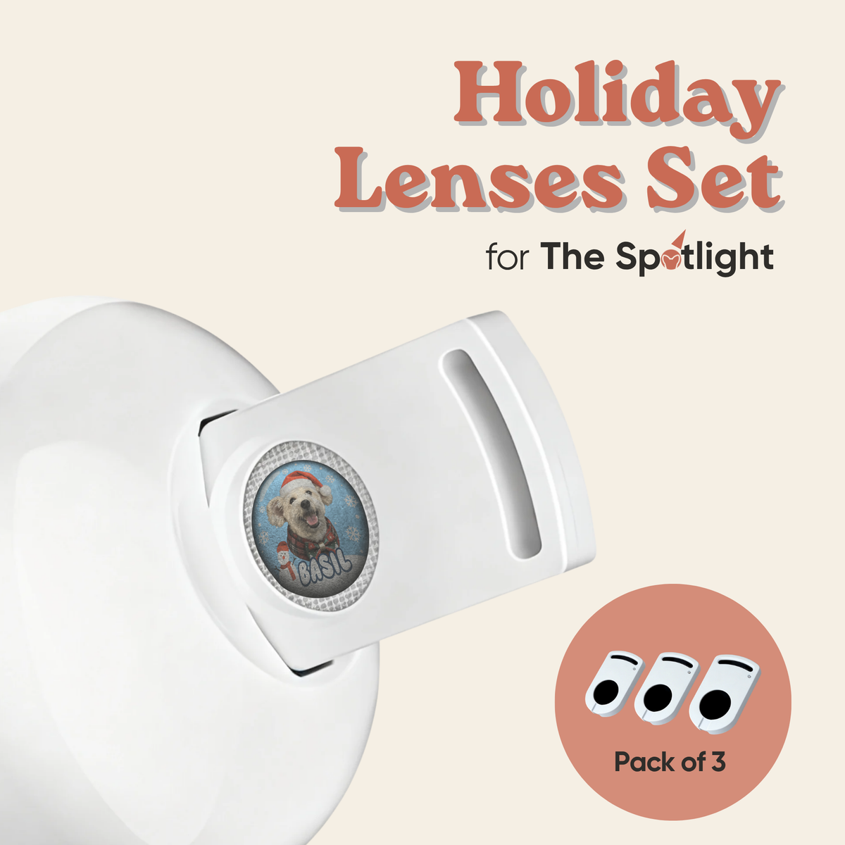 The Holiday Lenses Set 3-pack for The Spotlight collar projector, showing a custom Christmas dog lens inserted into the device.