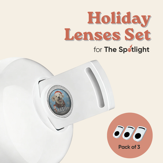 The Holiday Lenses Set 3-pack for The Spotlight collar projector, showing a custom Christmas dog lens inserted into the device.