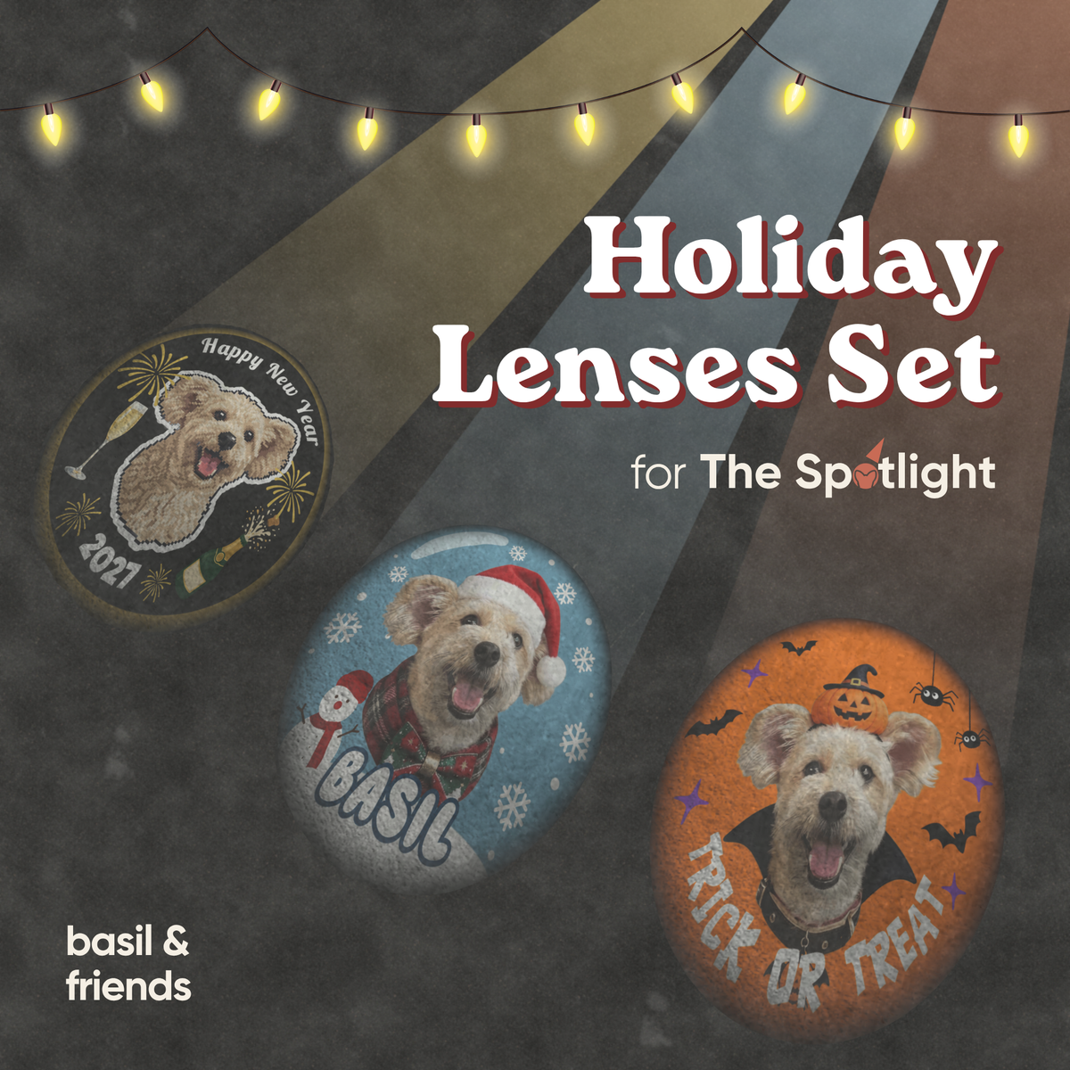 Three custom holiday lenses projecting festive dog portraits for The Spotlight pet collar projector, including New Year, Christmas, and Halloween themes.