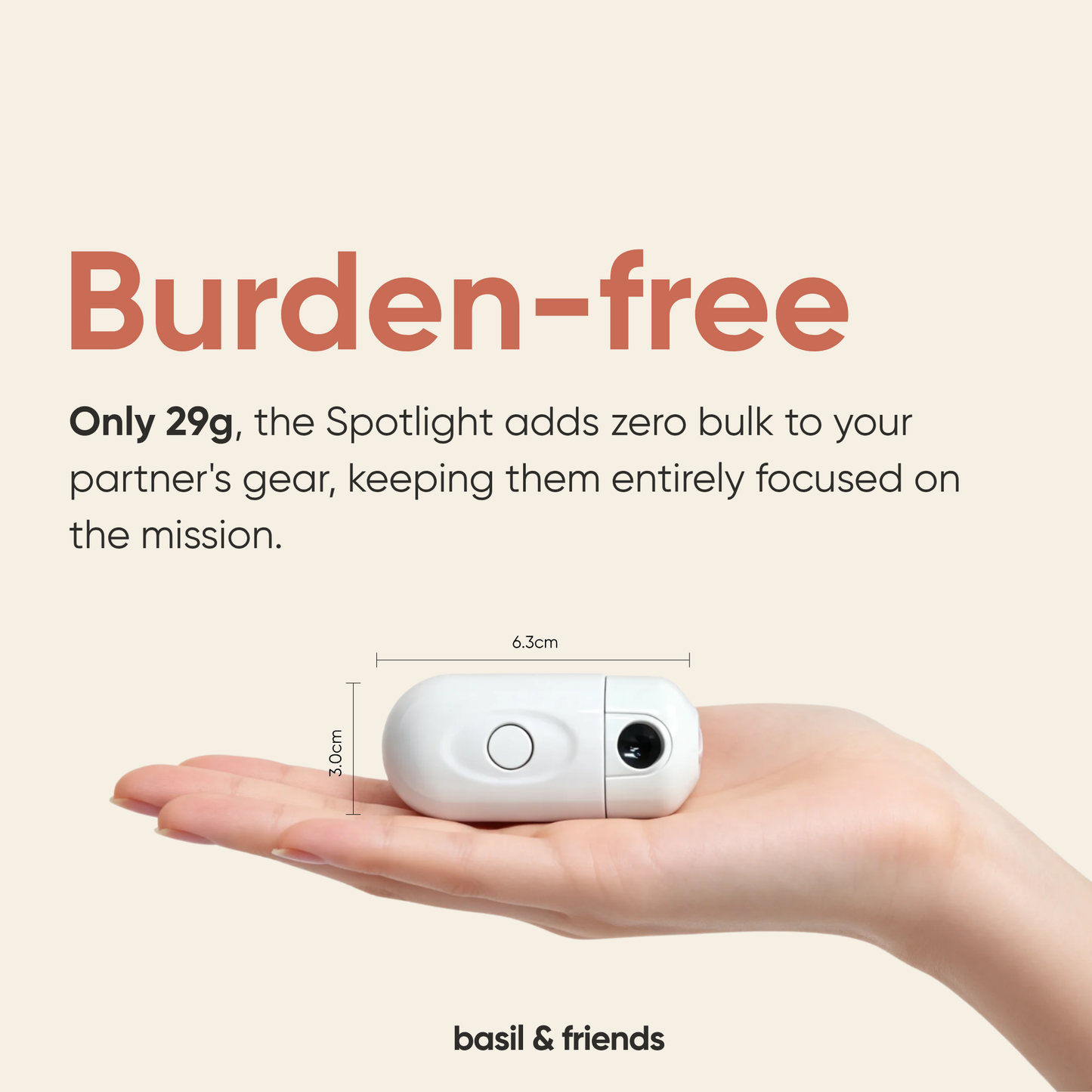 The Spotlight projection device resting on a human palm, showing its compact size (6.3cm x 3.0cm) and ultra-lightweight 29g build.