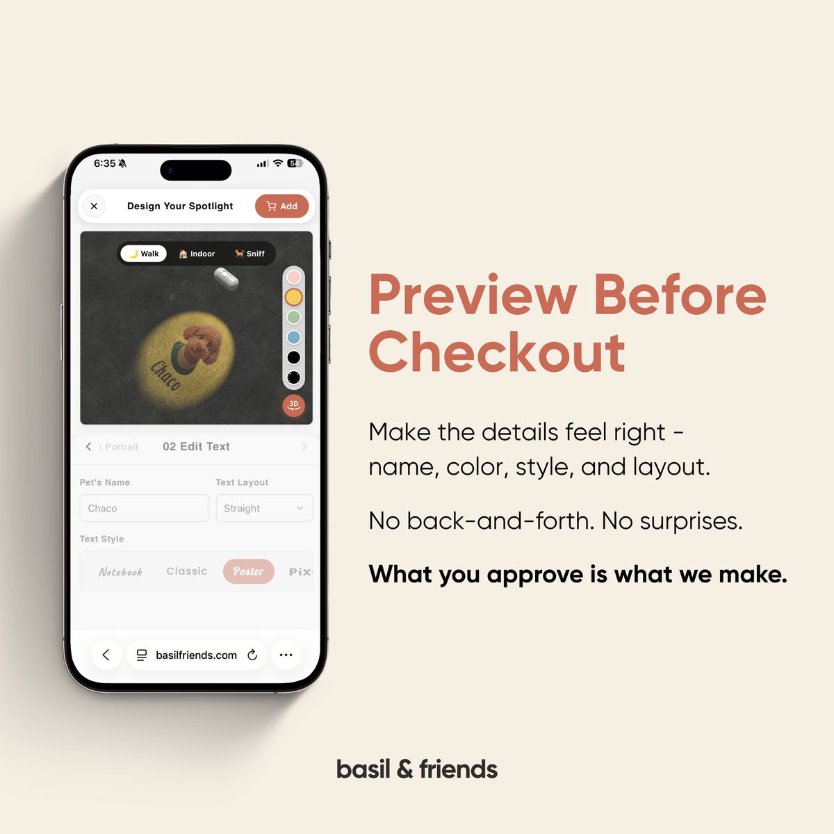 Mobile phone screen showing the live 3D preview feature for designing your custom collar projector lens before checkout.