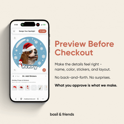 Mobile screen showing the live preview feature for designing a custom Christmas pet lens before checkout on the basil & friends store.