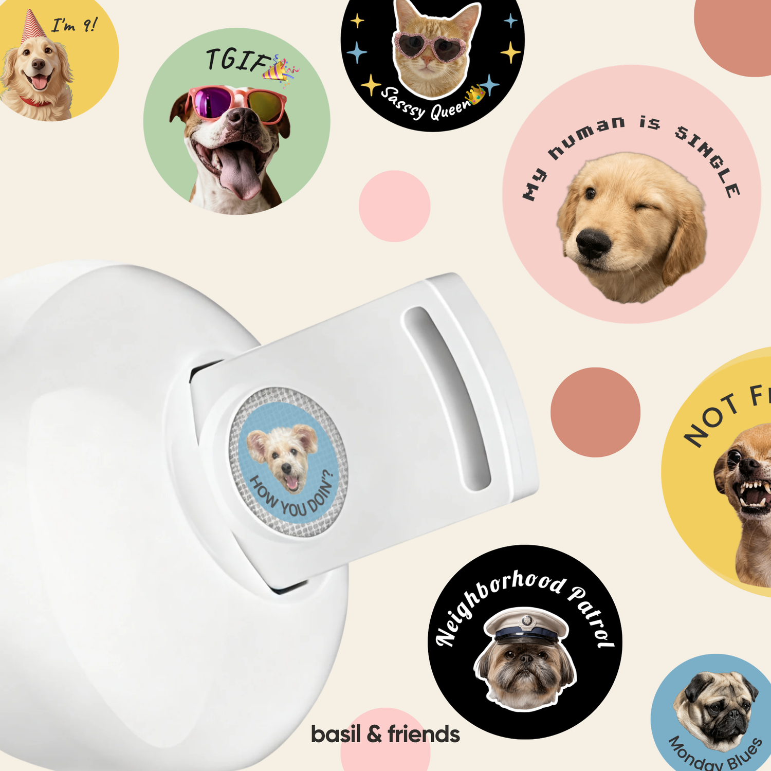 A variety of cute dogs next to their personalized custom lenses for the pet collar projector.