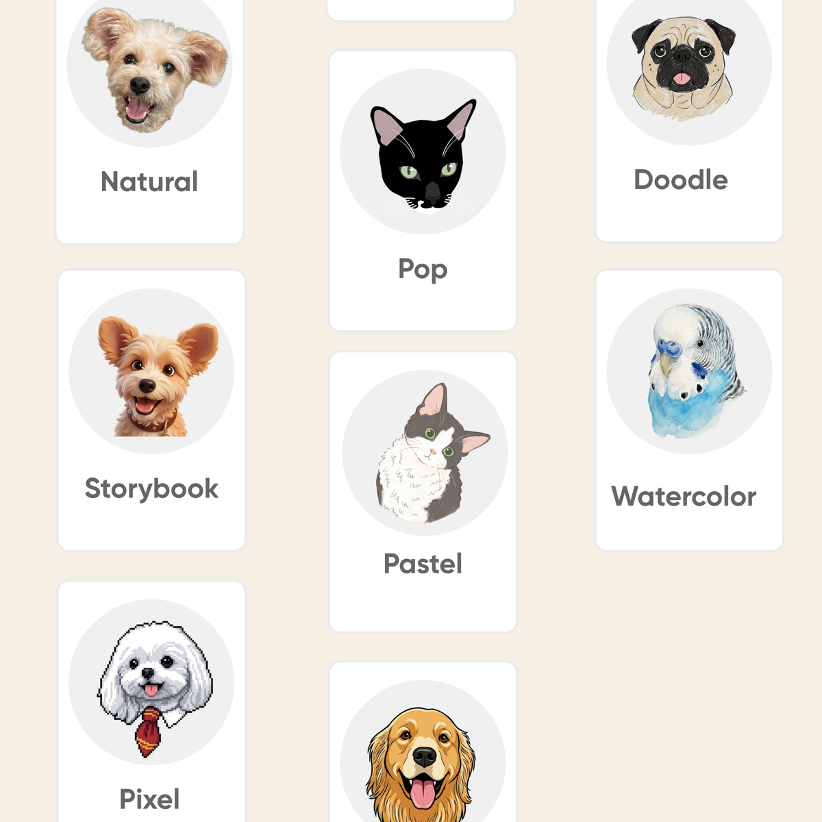 Various pet breed illustrations and portrait examples used for customizing the collar projector lenses.