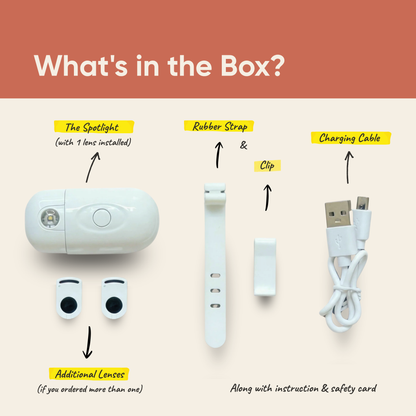 What comes in The Spotlight box: projector, custom lens, rubber strap, clip, charging cable, and instruction card.