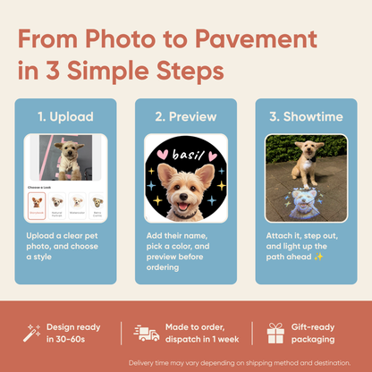 How The Spotlight customization process works: upload a pet photo, adjust and preview the custom design in 30-60s, place the order, and then showtime!