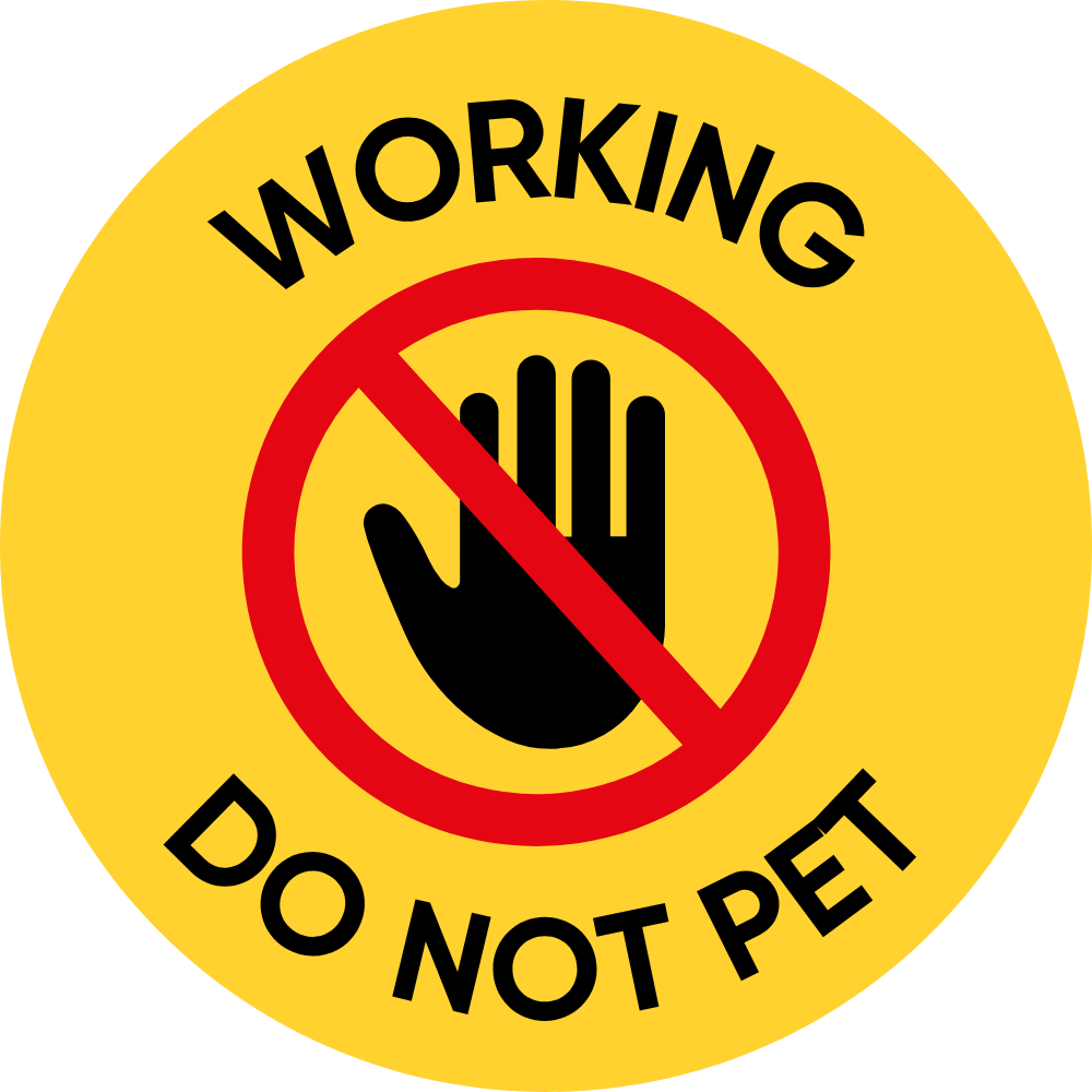 Service dog lens design: Yellow circular sign with a hand icon and 'WORKING - DO NOT PET' text for social boundary.