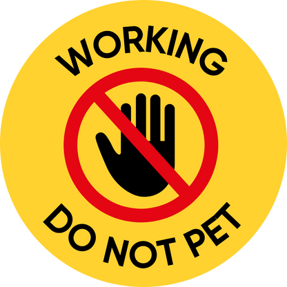 Service dog lens design: Yellow circular sign with a hand icon and 'WORKING - DO NOT PET' text for social boundary.