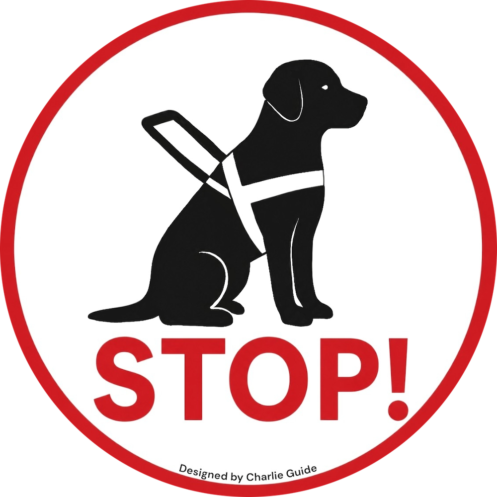 Service dog lens design: Black silhouette of a guide dog in harness with a red 'STOP!' sign. Designed by Charlie Guide for professional boundary projection.