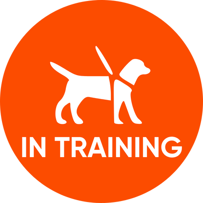 Service dog lens design: Orange circular sign with a dog icon and 'IN TRAINING' text for handlers and trainers.