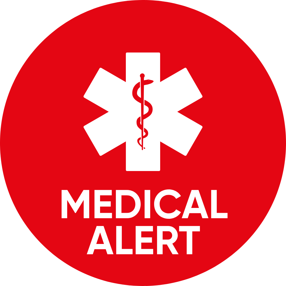 Service dog lens design: Red circular sign with a white medical cross and 'MEDICAL ALERT' text for emergency awareness.