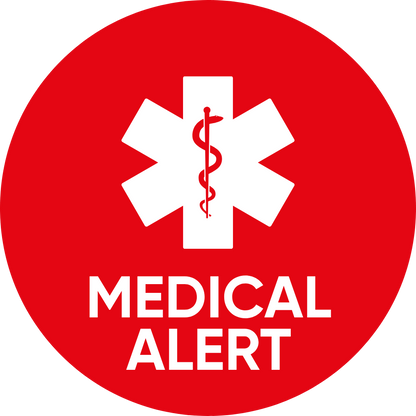 Service dog lens design: Red circular sign with a white medical cross and 'MEDICAL ALERT' text for emergency awareness.