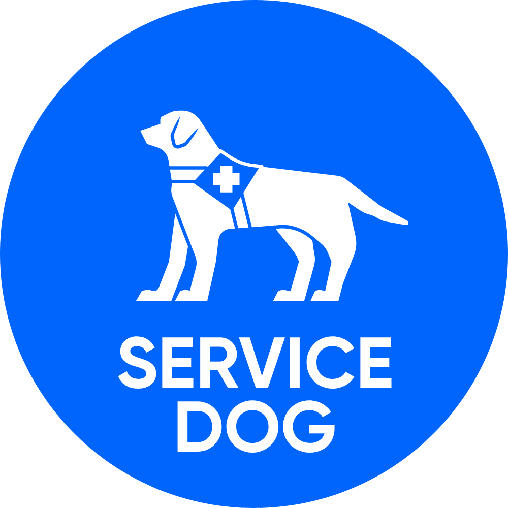 Service dog lens design: Blue circular sign with a white service dog icon and 'SERVICE DOG' text.