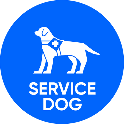 Service dog lens design: Blue circular sign with a white service dog icon and 'SERVICE DOG' text.