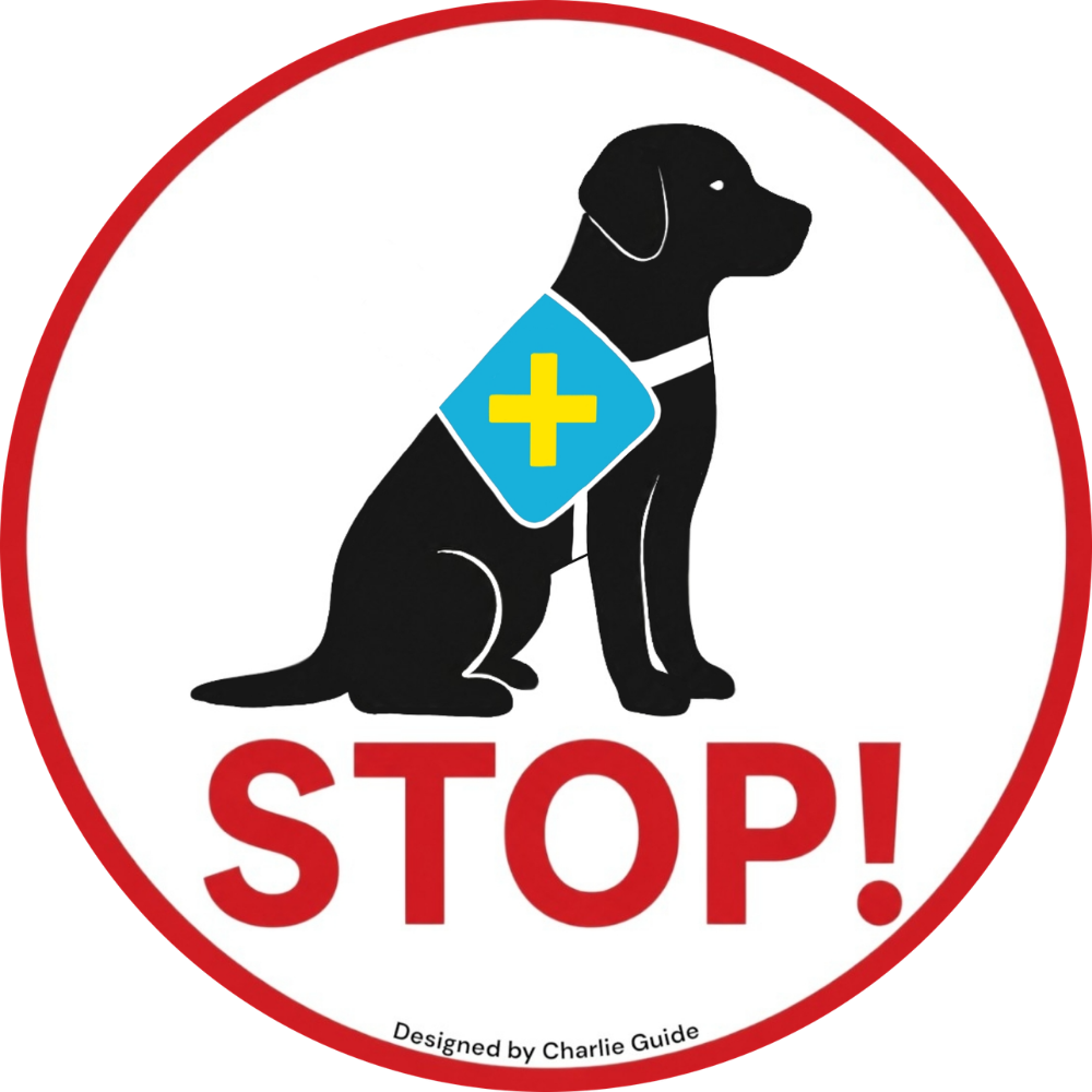 Service dog lens design: Black dog silhouette with a blue vest icon and red 'STOP!' sign. Designed by Charlie Guide for service dog teams.
