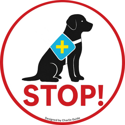 Service dog lens design: Black dog silhouette with a blue vest icon and red 'STOP!' sign. Designed by Charlie Guide for service dog teams.