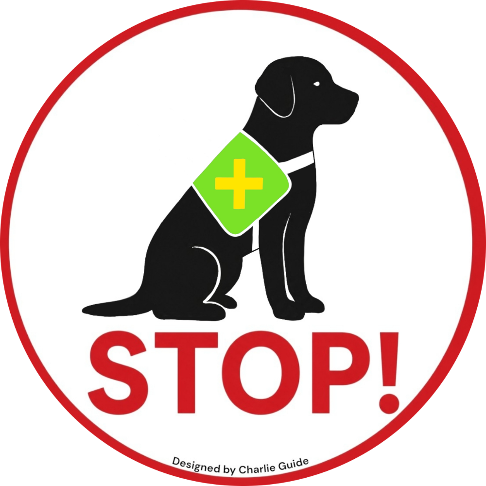 Service dog lens design: Black dog silhouette with a green vest icon and red 'STOP!' sign. Designed by Charlie Guide for service dog teams.