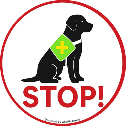 Service dog lens design: Black dog silhouette with a green vest icon and red 'STOP!' sign. Designed by Charlie Guide for service dog teams.