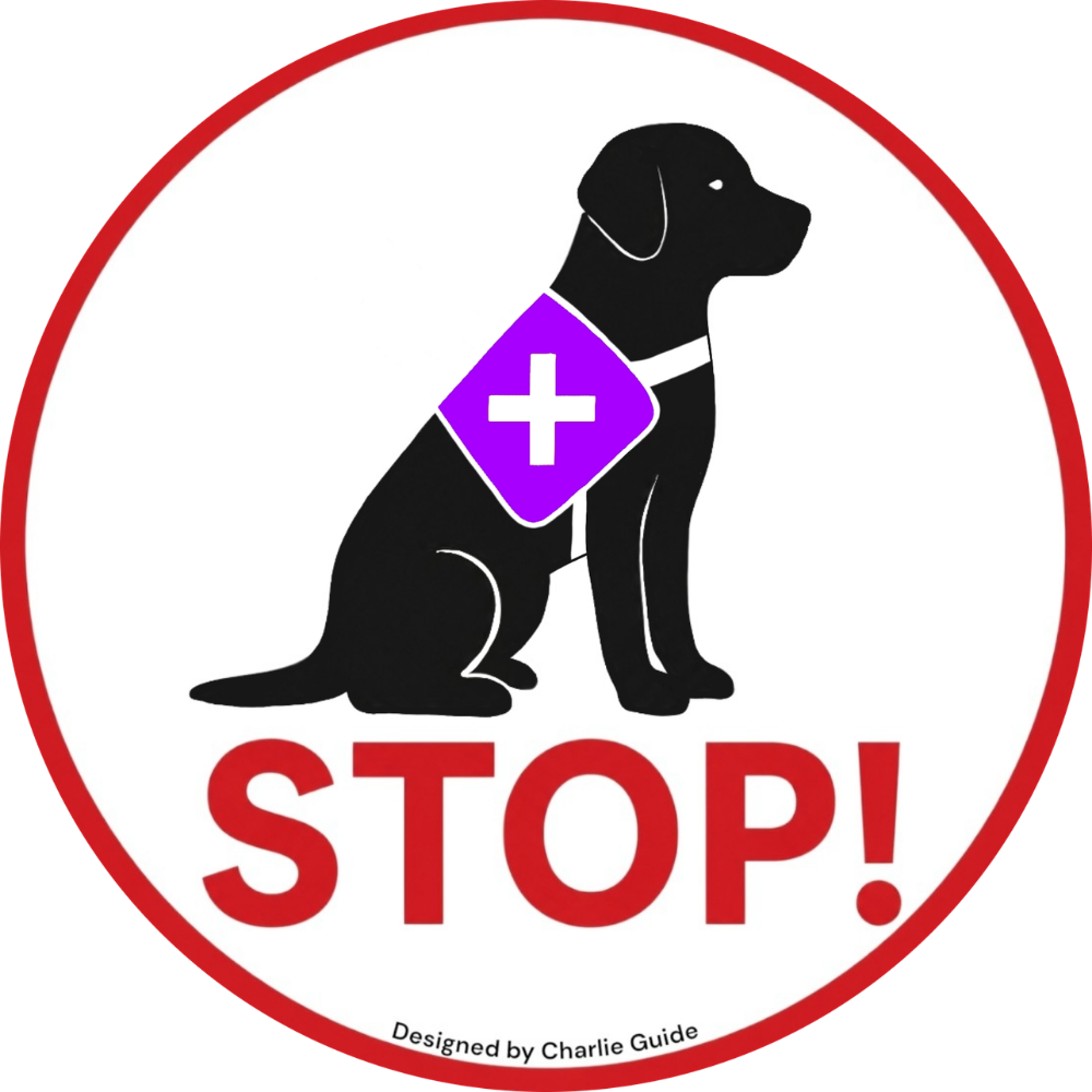 Service dog lens design for The Spotlight: Black dog silhouette with a purple vest icon and red 'STOP!' sign. Designed by Charlie Guide for professional boundary projection.