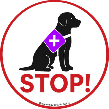 Service dog lens design for The Spotlight: Black dog silhouette with a purple vest icon and red 'STOP!' sign. Designed by Charlie Guide for professional boundary projection.