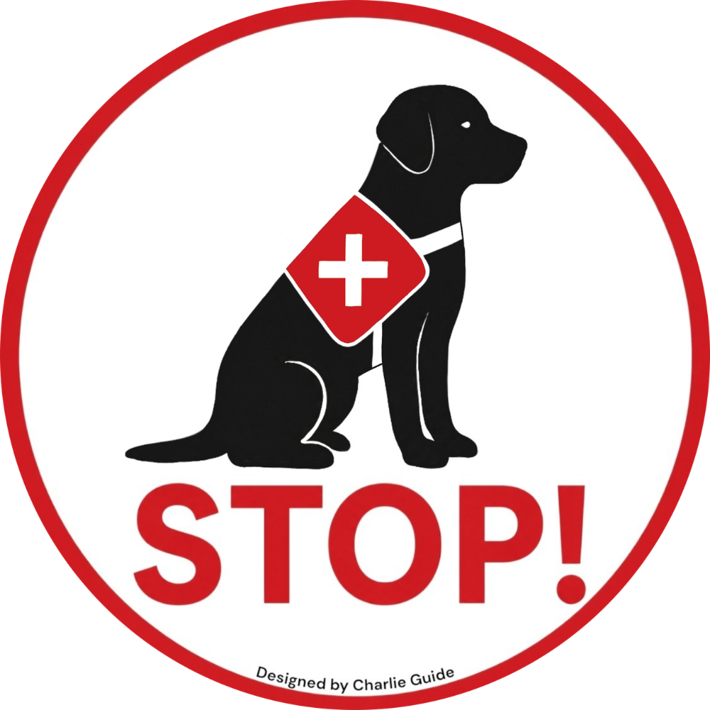 Service dog lens design: Black dog silhouette with a red vest icon and red 'STOP!' sign. Designed by Charlie Guide for service dog teams.
