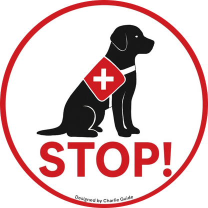 Service dog lens design: Black dog silhouette with a red vest icon and red 'STOP!' sign. Designed by Charlie Guide for service dog teams.