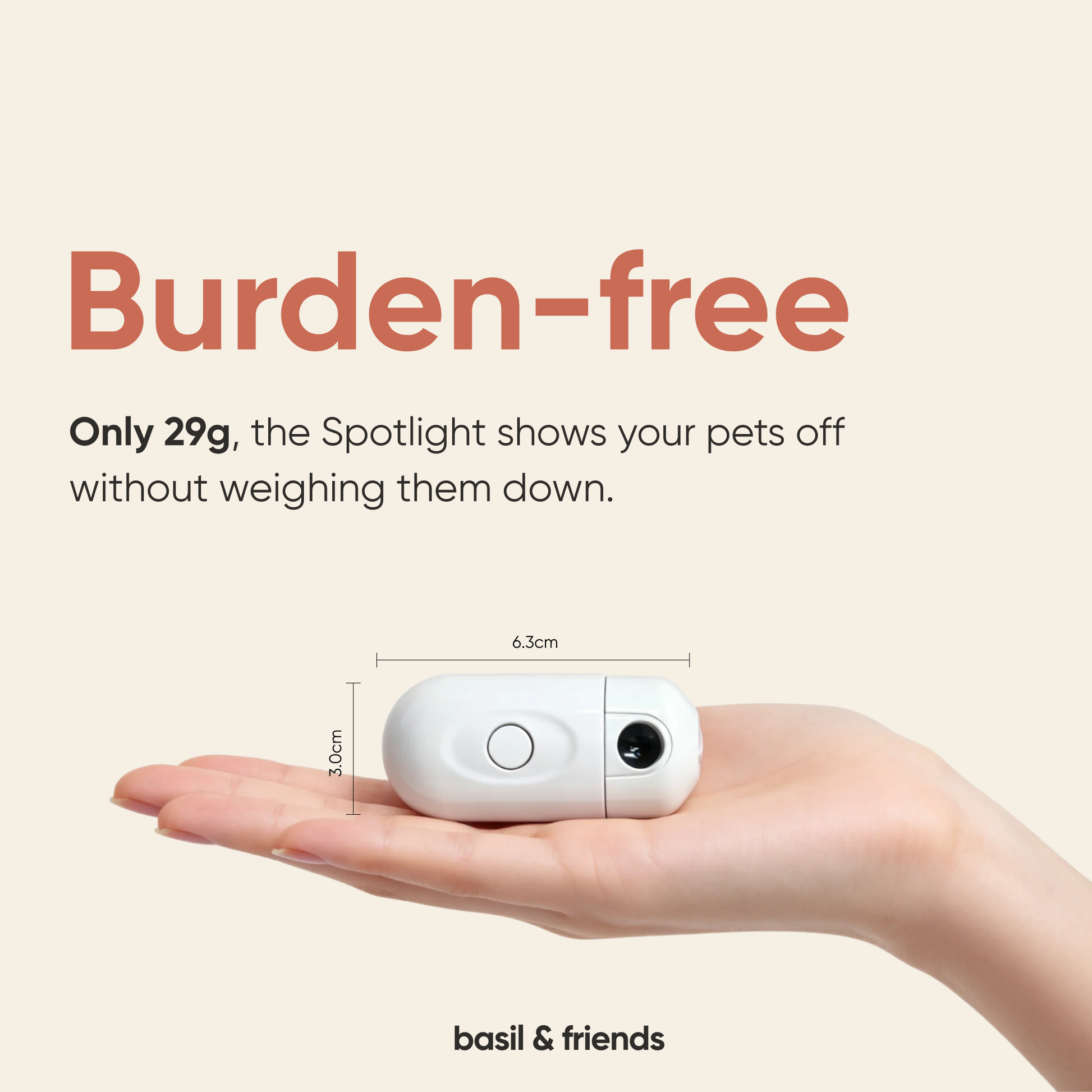 The Spotlight custom pet projector light weighs 29g and is designed to stay light on most walks.