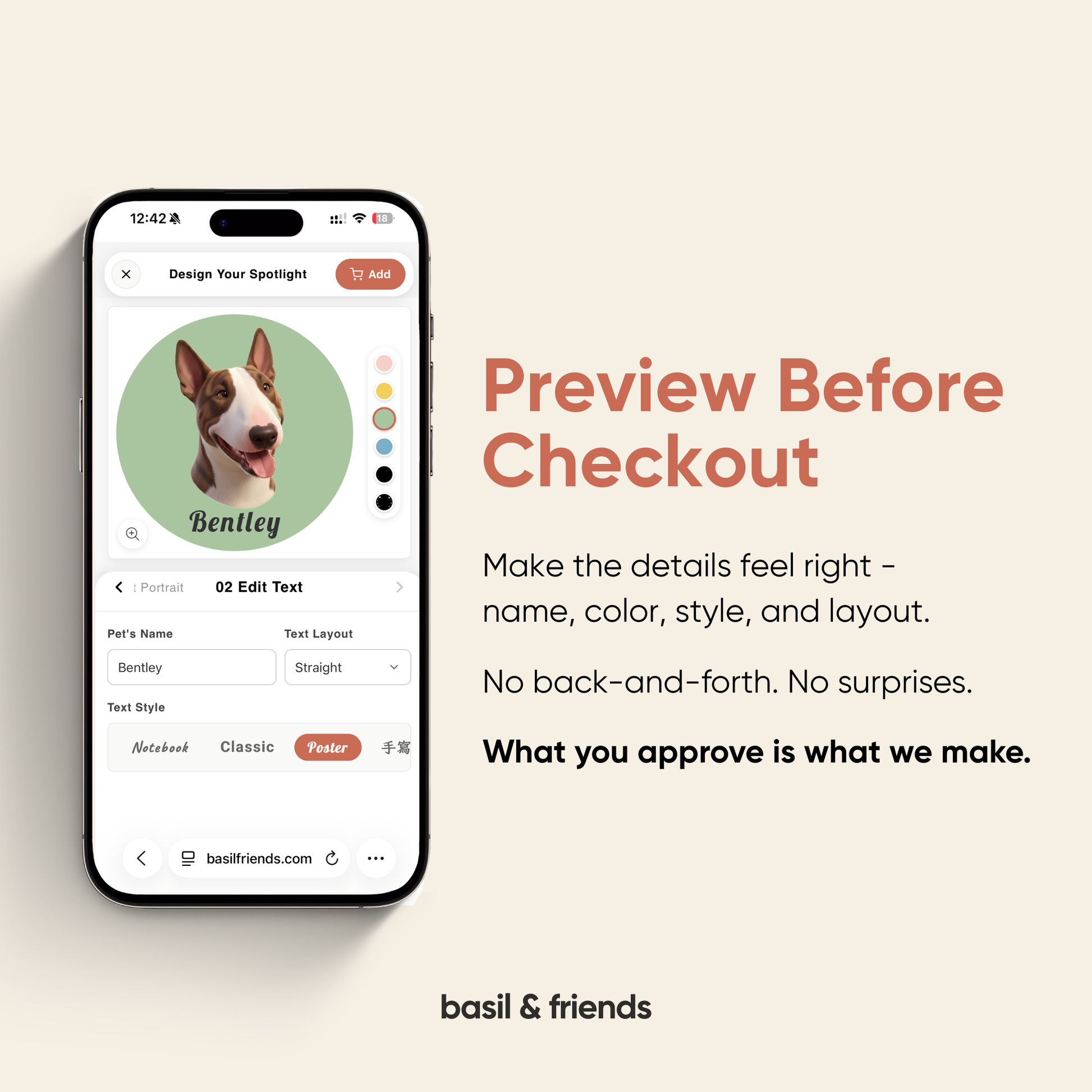 The Spotlight customizer lets pet parents preview their custom pet design before checkout. No endless back-and-forth with designer. No mystery outcomes.
