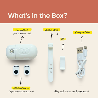Unboxing contents of The Spotlight Service Dog Edition: includes the projection device, swappable lenses, USB charging cable, extended rubber strap, and secure clip.