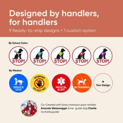 A collection of 10 service dog lens designs for The Spotlight projector, including 'STOP!', 'Medical Alert', 'Service Dog', and 'In Training' options. Co-created with Amanda Weizenegger and guide dog Charlie