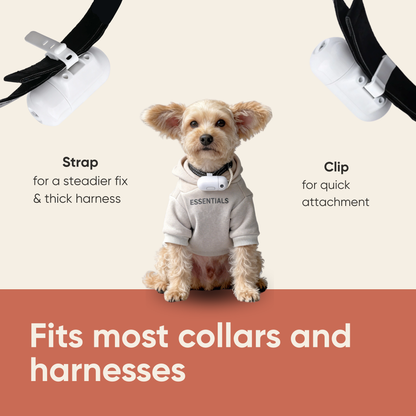The Spotlight includes a strap and clip for flexible attachment to most collars and many harnesses.
