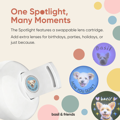 The Spotlight features a swappable custom lens cartridge for extra pet portrait designs, birthdays, holidays, and special moments.