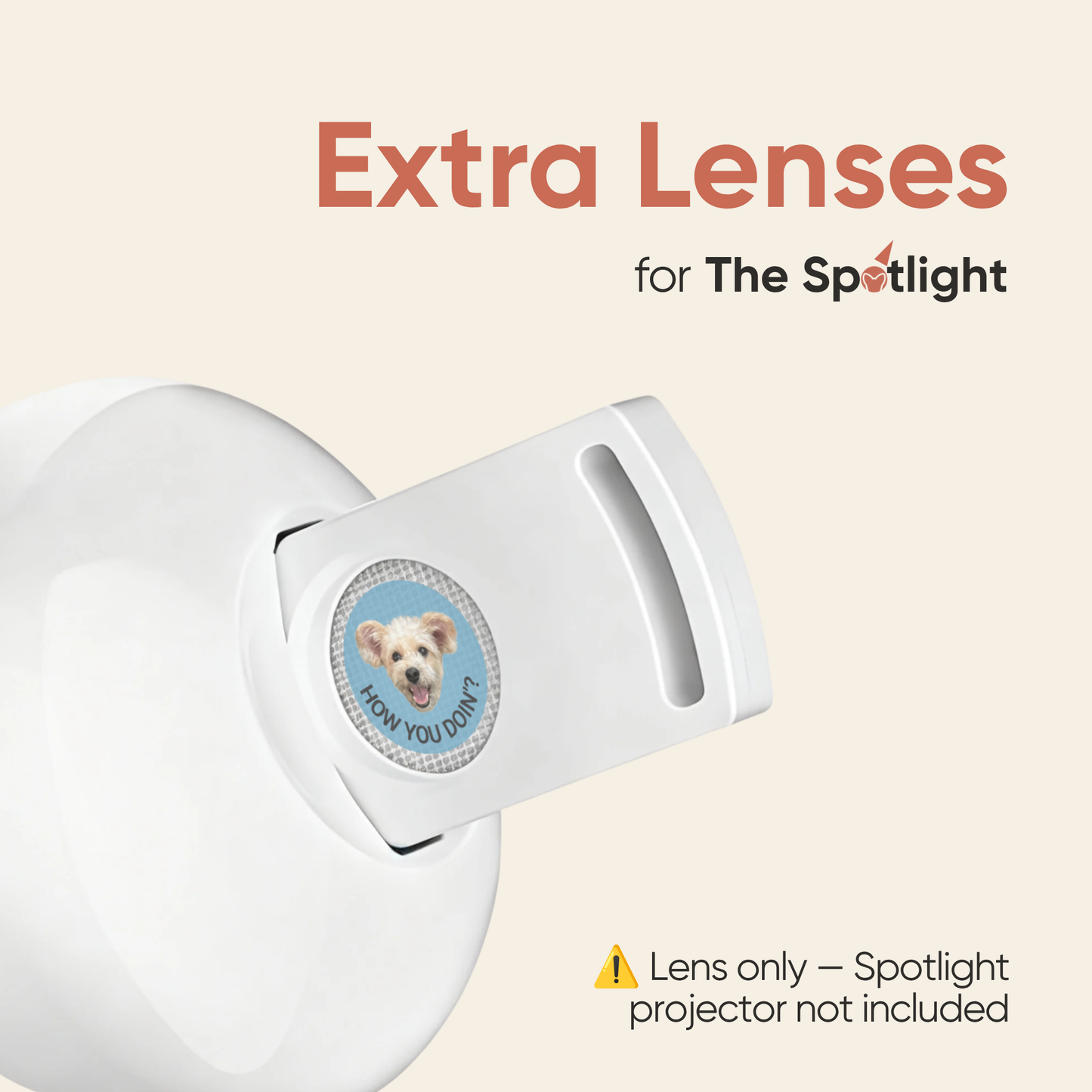 Close up showing how to easily swap the personalized lens into The Spotlight custom pet collar projector.