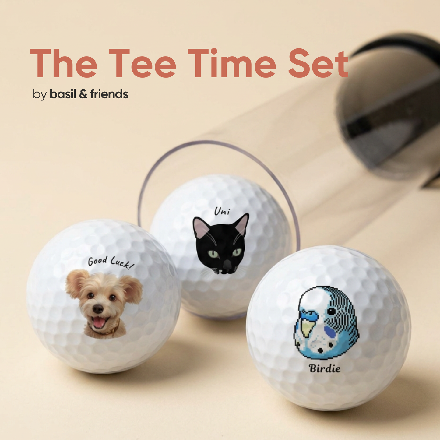 The Tee Time Set of 3 custom pet golf balls in packaging, featuring a dog, a black cat, and a parrot, showing you can print different pets on each ball.