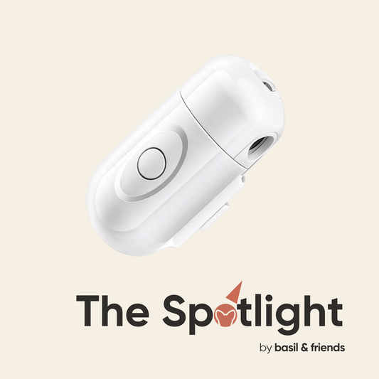 The Spotlight custom pet projector light by basil & friends on a warm cream background.