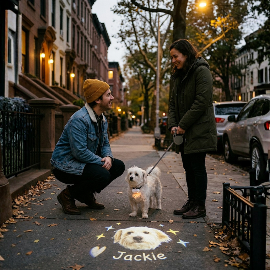 Friendly neighbor greeting a white puppy on evening sidewalk walk with The Spotlight dog collar light projecting Jackie portrait by basil & friends