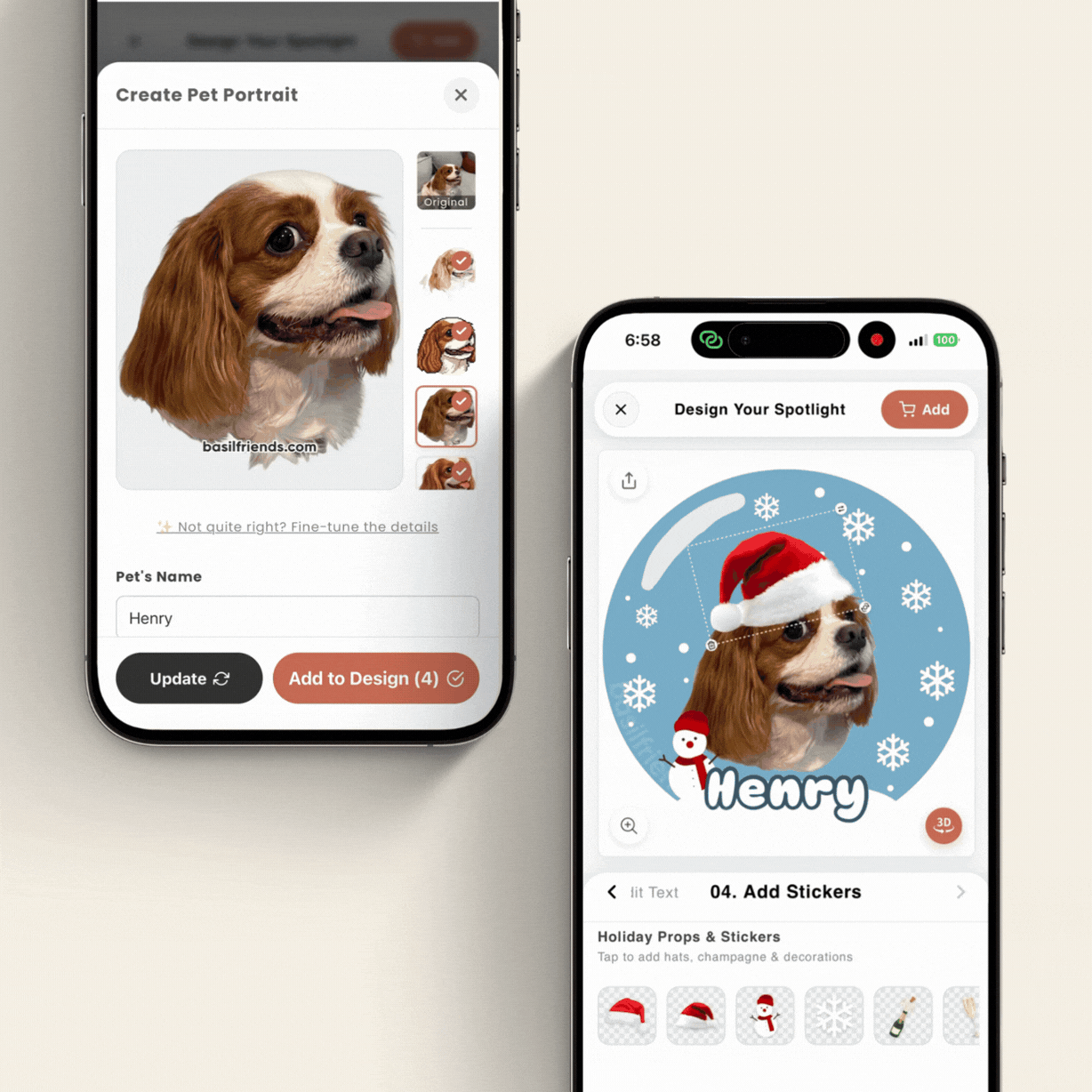 Mobile customizer showing pet portrait creation in different styles and interactive 3D lens preview for The Spotlight by basil & friends
