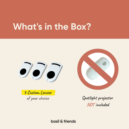 What is in the box for the Holiday Lenses Set: includes 3 custom pet lenses. Note that The Spotlight projector device is not included.