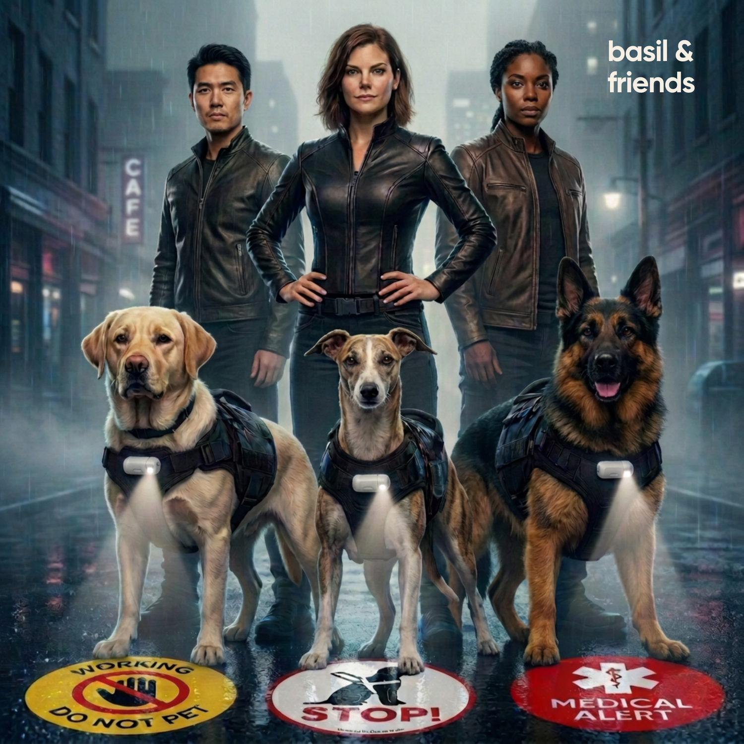 A cinematic, realistic illustration of three handlers standing proudly behind their working dogs on a city street. From left to right: a Yellow Labrador projecting a yellow "WORKING DO NOT PET" sign, a medium mixed-breed dog projecting a white "STOP!" sign, and a German Shepherd projecting a red "MEDICAL ALERT" sign.